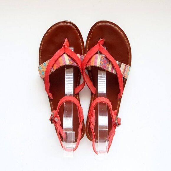 Toms Lexie Red Suede Leather & Canvas Strappy Slingback Thong Flat Sandals 8.5 W - Picture 4 of 16